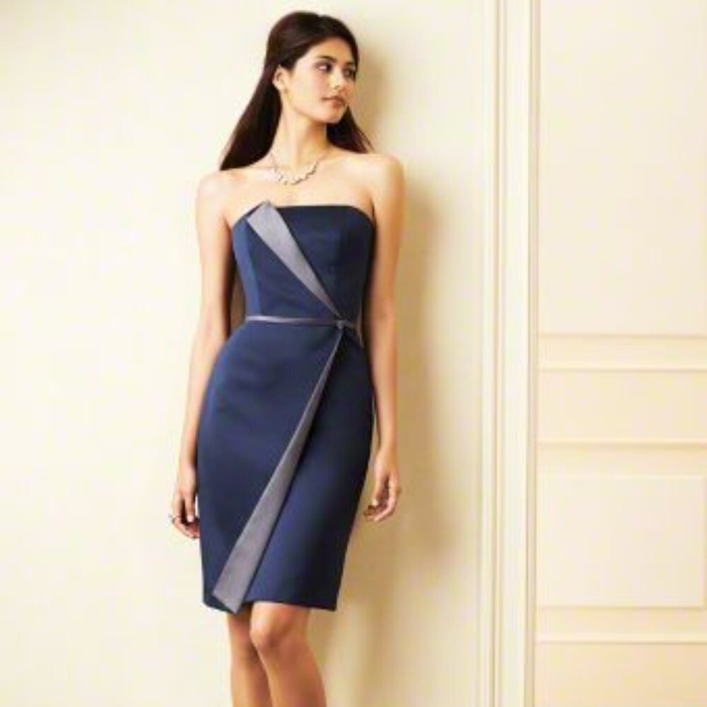 Knee-Length Sleek Satin Bridesmaids Dress, 2-Tone, Navy dress Grey Gray Accents